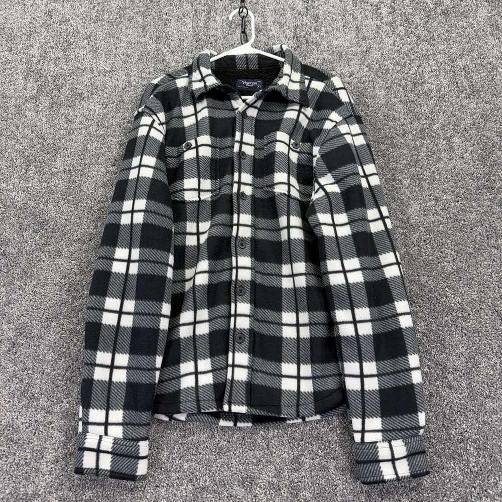 Visitor Shirt Mens Large Black White Plaid Fleece Lined Shacket Button Outdoor